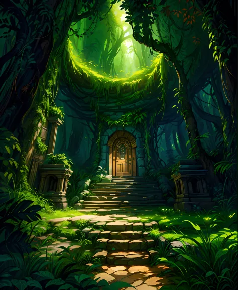a close up of a doorway in a jungle with a staircase, secret overgrown temple, ancient magical overgrown ruins, art nouveau jungle environment, background art, anime background art, ancient ruins in the forest, painted as a game concept art, jungle backgro...