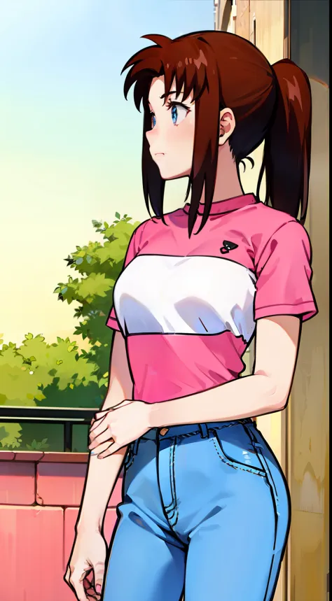 Animate，1girll，Crimson hair, Cute short-sleeved dress and jeans, Short pink sleeves，Short pink sleeves，Short sleeves with white stripes in the middle，There is a bunch of cherries between the pink and white of the clothes， mediuml breasts，Arms spread wide, ...