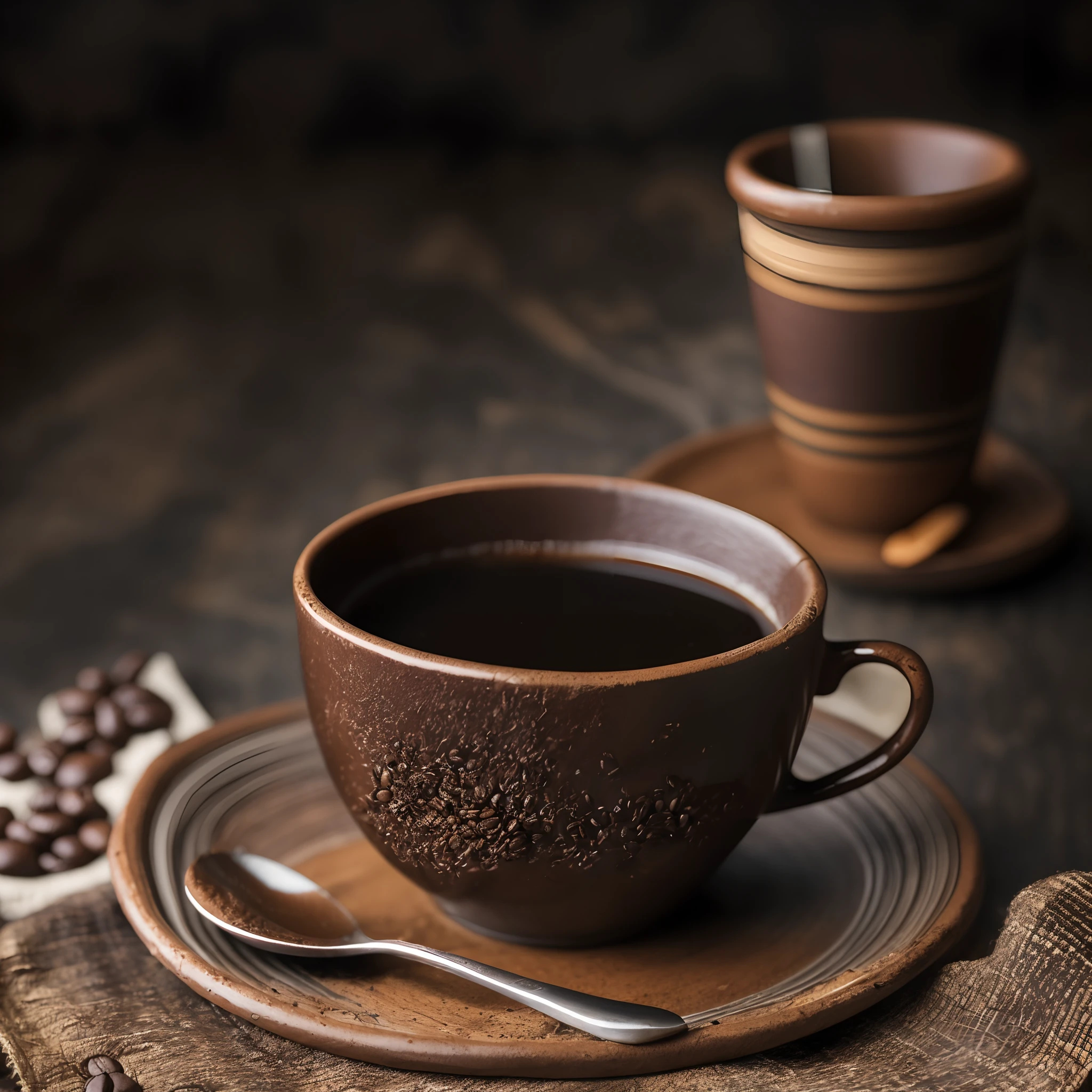烘焙过的咖啡和咖啡豆铺在布上，配上一杯黏土咖啡，烟雾缭绕，用 35mm HDR 超逼真微距相机拍摄