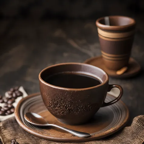 roasted coffee and beans spread over on a cloth with a cup of clay coffee soft smoke photographed with a 35mm HDR ultra realisti...