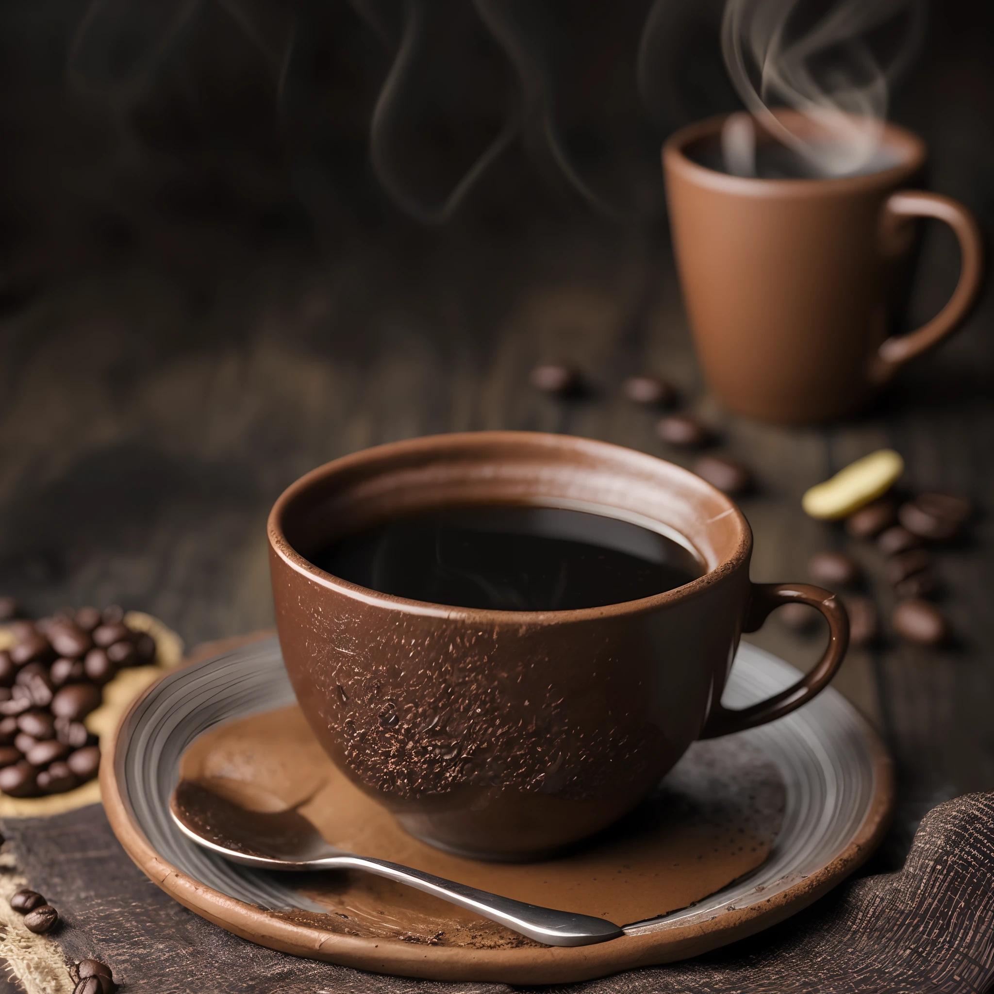 café tostado y frijoles esparcidos sobre un paño con una taza de café de arcilla, humo suave fotografiado con una cámara macro ultra realista HDR de 35 mm