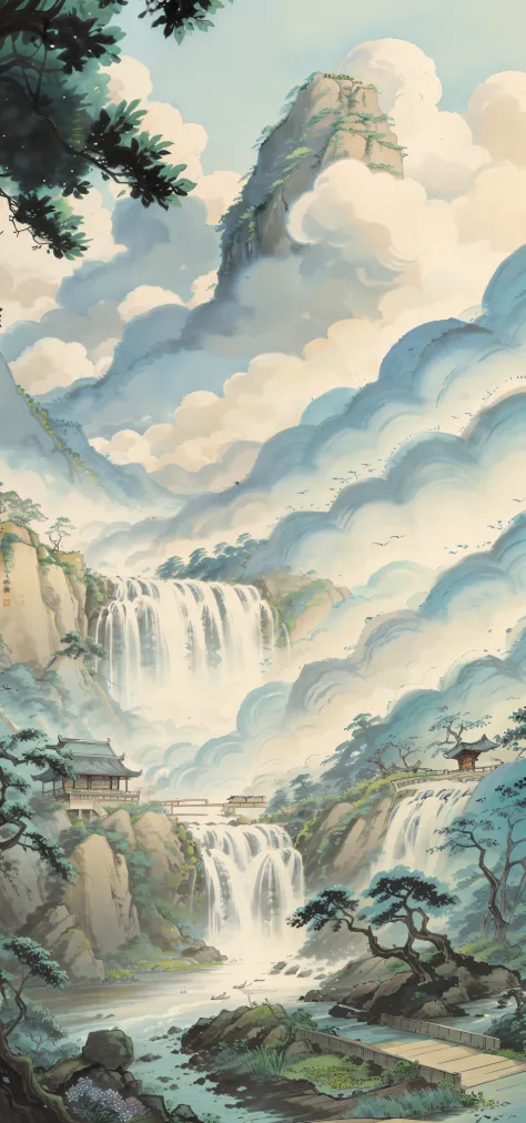 Chinese landscape painting,big trees，Stone waterfall，flowingwater,Far Tree,weeds,small boats,jetty,Sky blank clouds,Five or six ...