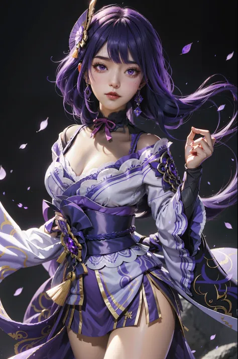 Girl with purple hair and purple dress holding sword, Ayaka Genshin impact, Detailed Figures: Highly detailed and beautiful fanw...