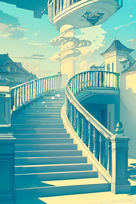 (((There are suspended staircase above the sky))), (((only suspended staircase))), (((Clouds surround the white suspended stairc...