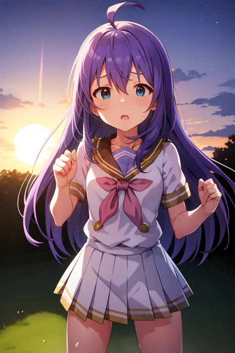 mochizuki anna,1girl in,Solo,Long hair,Purple hair,Medium chest.Ahoge,Blue eyes.Short stature.white t-shirts.suspenders.Skirt.Ev...