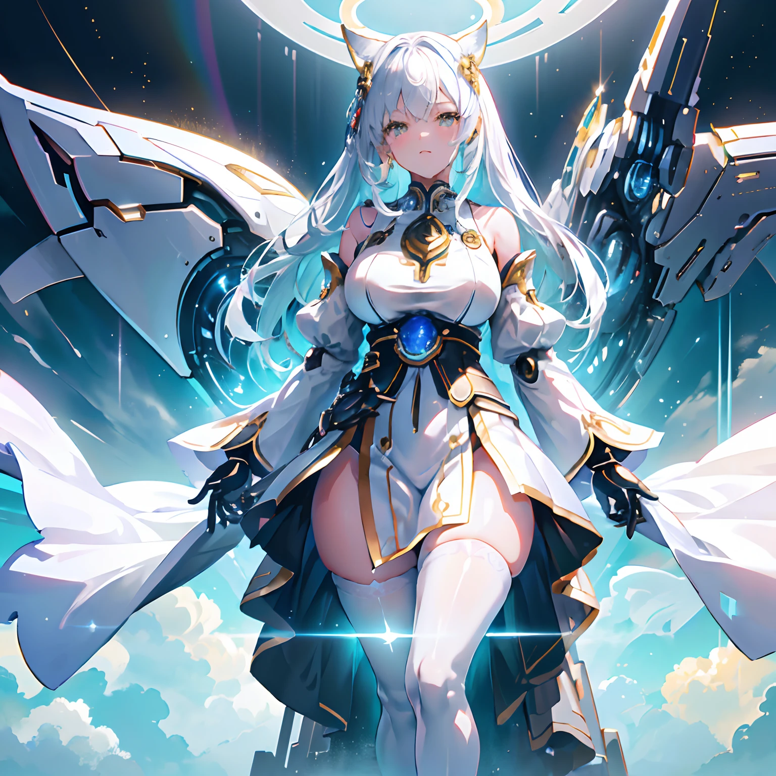 Masterpiece, full picture, ultra high quality, ultra detailed, 1girl, solo, adult woman, japanese deity, smart lady, shiny short white hair, hair over shoulders, golden eyes, jackal ears, gorgeous hair-ornament, thick thighs, wide hips, white pantyhose, stockings, white long revealing traditional dress, standing up, dignified lady pose, hands joined, azure background with clouds as pavement and a gate, golden gigantic gate, inquisitory look, looking at viewer, mecha girl, android