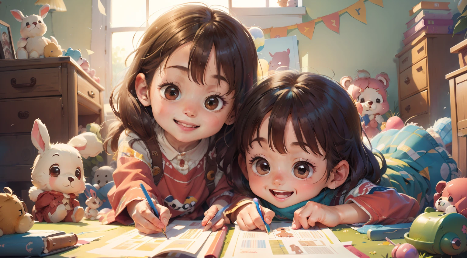 Toys、Picture book cover illustration ideas for 4 and 6 year old sisters。Sister sits smiling.、Draw a teddy bear and a happy rabbit holding it。Toys smile together、I love the scene where the children are sharing their joy..。