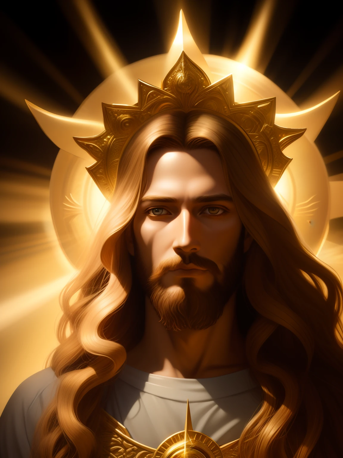 highly detailed portrait of a jesus christ sun god halo of light, gold, unreal engine, art by mark ryden, lostfish, earl norem, global illumination, god rays, detailed and intricate environment, elden ring style