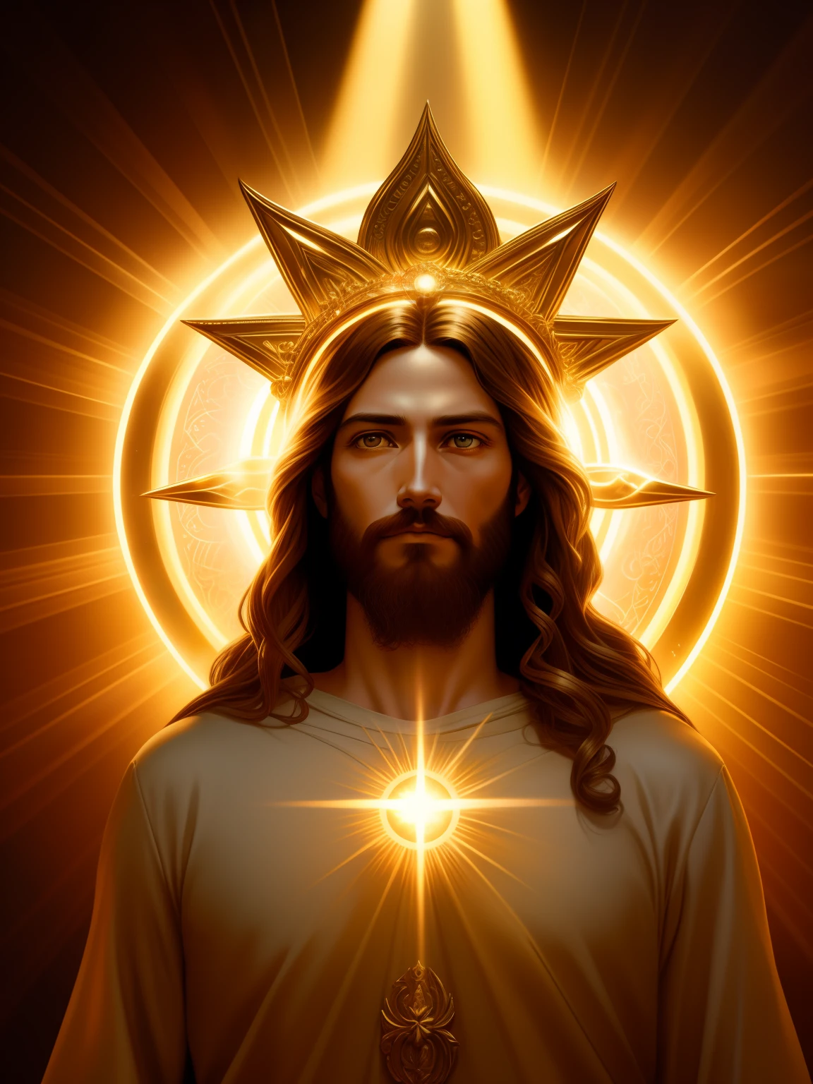 highly detailed portrait of a jesus christ sun god halo of light, gold, unreal engine, art by mark ryden, lostfish, earl norem, global illumination, god rays, detailed and intricate environment, elden ring style