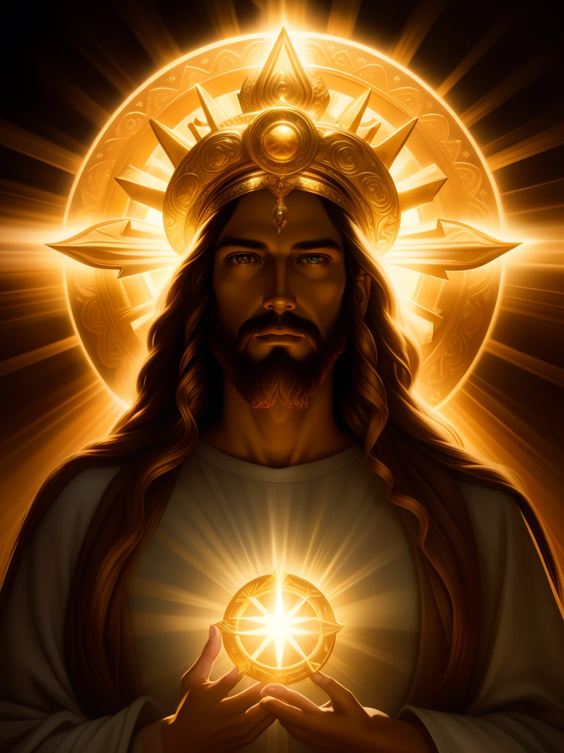 highly detailed portrait of a jesus christ sun god halo of light, gold, unreal engine, art by mark ryden, lostfish, earl norem, global illumination, god rays, detailed and intricate environment, elden ring style