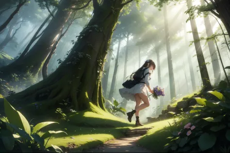 (Masterpiece: 1.2), (Best Quality), Detailed, UHD, Cinematic Lighting, Sharp Focus (Illustration: 1.1), Intricate, (Girl Picking Flowers: 2), On A Forest Slope, Big Trees Overgrown, The environment transmits tranquility