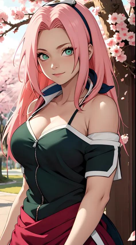 tmasterpiece， Best quality at best， 1girll， Sakura Haruno， Large breasts，Off-the-shoulder attire，（cleavage)，（upperbody closeup)，Raised sexy，is shy，ssmile，with pink hair， long whitr hair， （Green eyeballs:1.4)， Forehead protection， the cherry trees，Cherry bl...