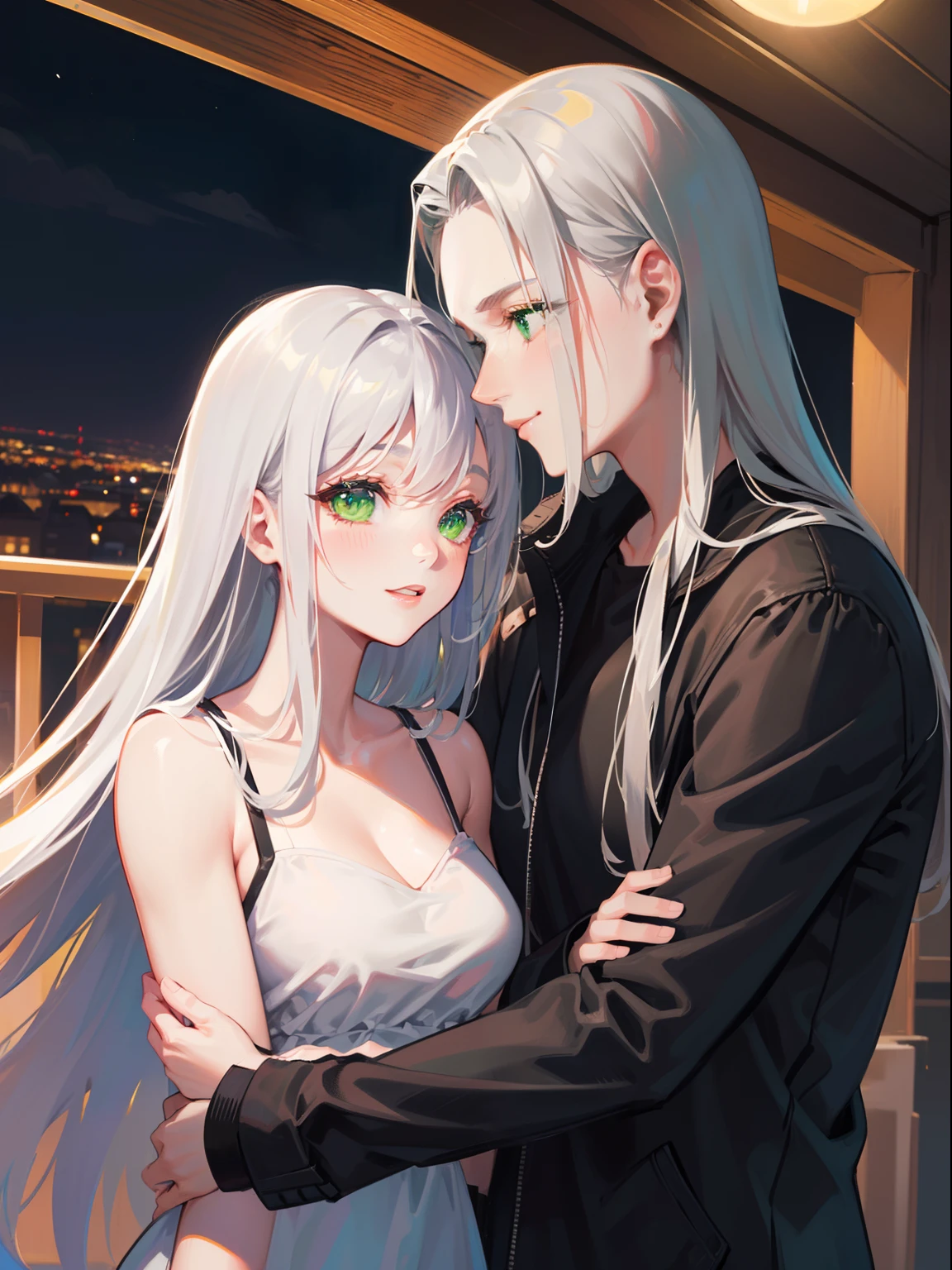 (masterpiece), best quality, ultra high res, sharp focus, ((1 man, 1 woman, couple)), upper body, medium close up, dutch angle, embraces each other closely, (at the beautiful night time:1.2), in the romantic balcony, look at each other, smiles to each other

Sephiroth, male, silver white hair, long hair, (perfect muscular body, perfect masculine face:1.2), ((perfect shape eyes, green cat eyes))

female, chestnut brown hair, short hair, (perfect feminine face, perfect hourglass body:1.2), ((perfect shape eyes, green eyes))