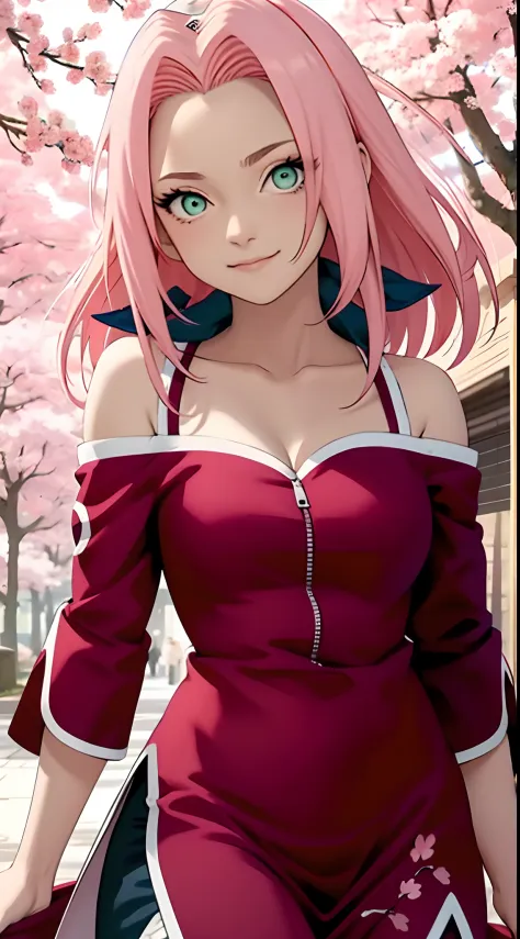 tmasterpiece， Best quality at best， 1girll， Sakura Haruno， Large breasts，Off-the-shoulder attire，（cleavage)，（upperbody closeup)，...