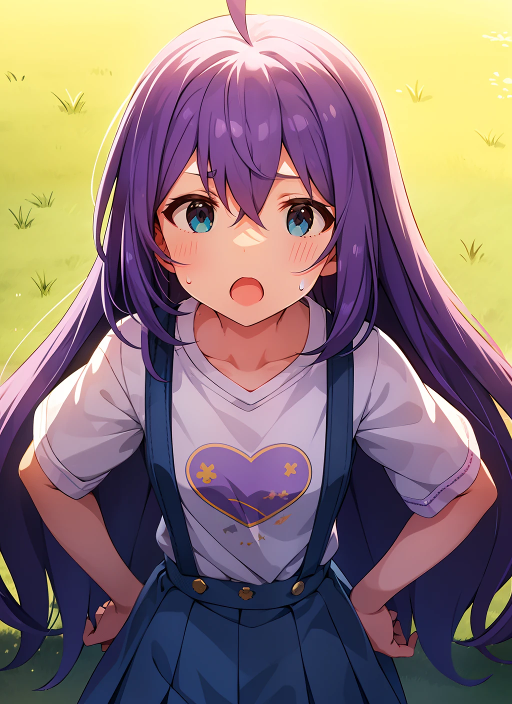 mochizuki anna,1girl in,Solo,Long hair,Purple hair,Medium chest.Ahoge,Blue eyes.Short stature.white t-shirts.suspenders.Skirt.Evening glow.the setting sun.Despair face.Sweat.Opening Mouth.up chest.Put your hands on your hips.look from above.