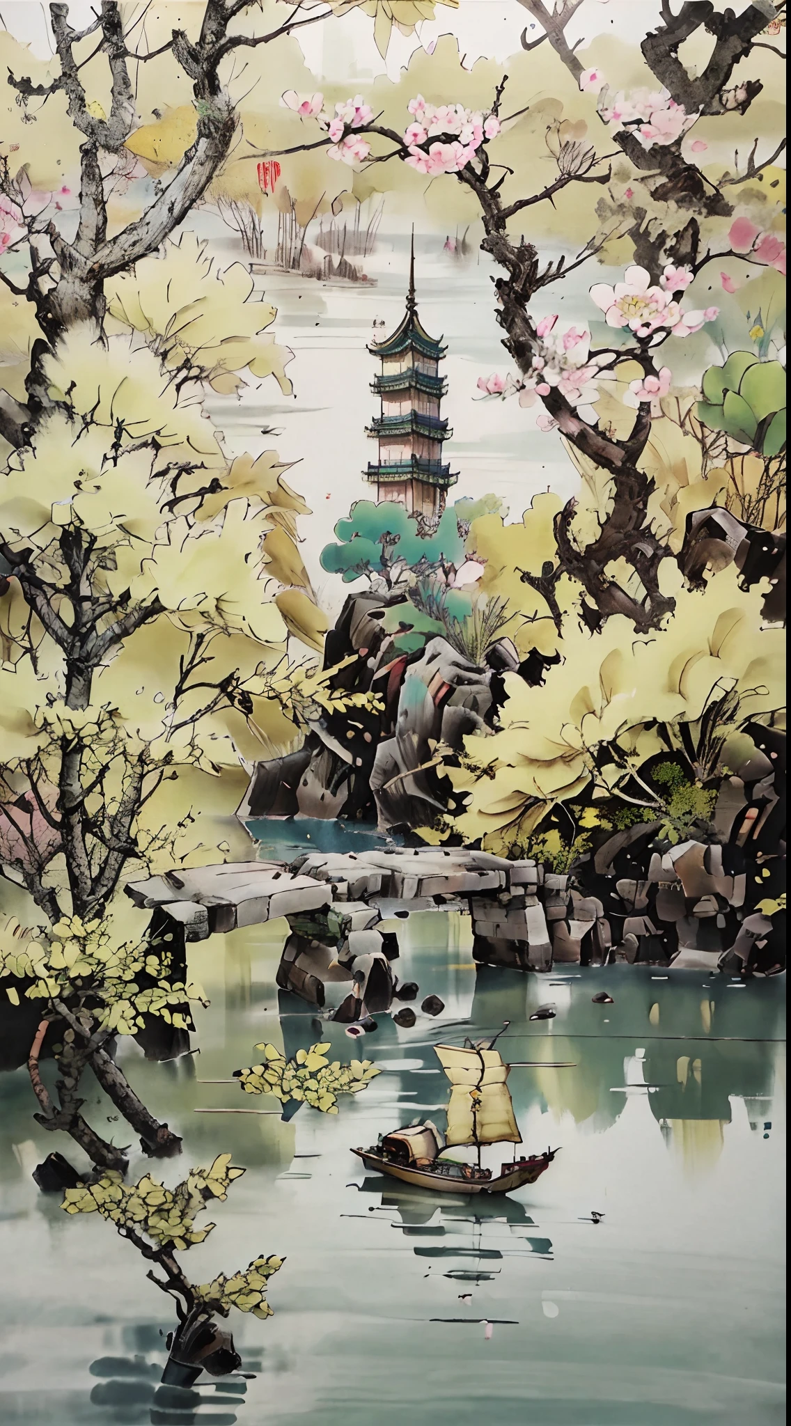 chinese traditional ink style, The Yellow Crane Tower of the Late West, In March, Cherry blossoms fall in Yangzhou。The  sail is far away, Only see the skyline of the Yangtze River。, classicism, hyper HD, Masterpiece, Super detail, High details, High quality, Award-Awarded, Best quality, A high resolution, 8K