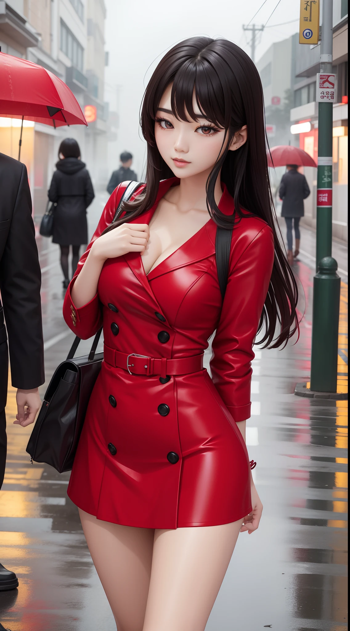 Schönheit koreanischen Idol trägt ein rotes Mini-Kleid in einer Straße,Regen und Nebel draußen