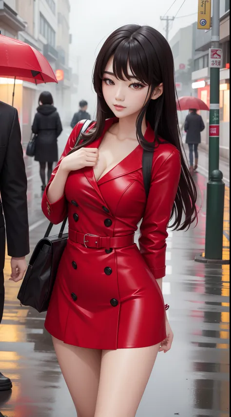 Beauty Korean idol wearing a Red Mini-Dress in a street,rain and fog outside