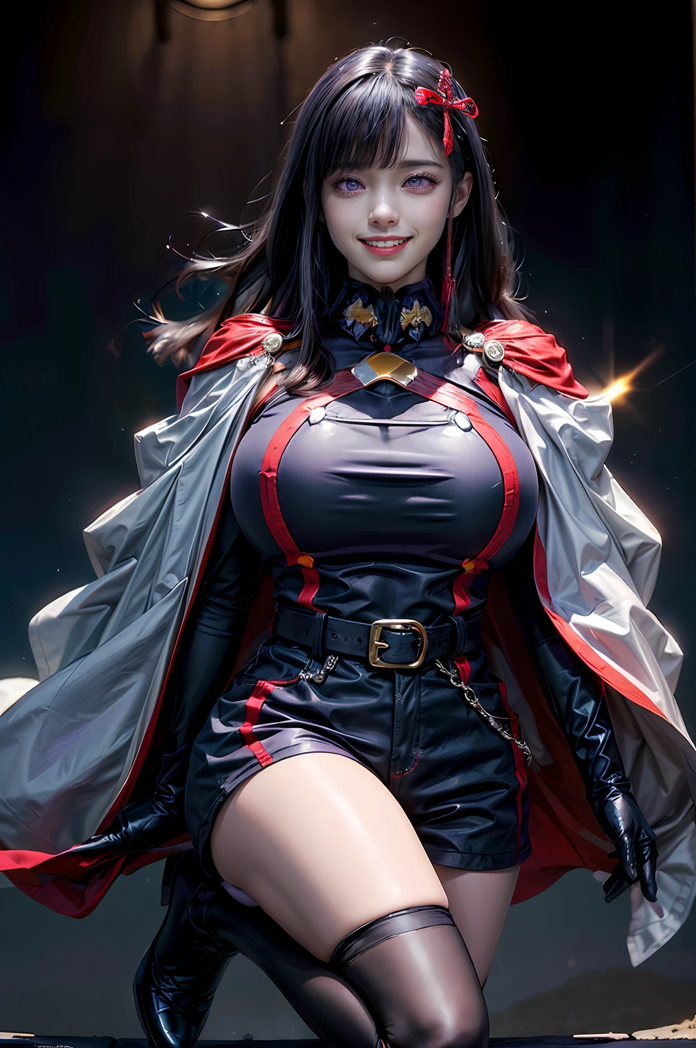 Ultra realistic illustration, yamashiro768, look at viewer, solo, 1girl, (purple eyes:1.5), pantyhose, black hair, gloves, cape, long hair, white gloves, black pantyhose, belt, red cape, boots, blue footwear, hair ornament, bangs, long sleeves, purple footwear, high heels, large breasts, dynamic pose, (gigantic breasts:1.5), (evil smile:1.5), hyperrealistic, dramatic, pixabay, sharp focus, vivid, cinematic lighting, (extremely detailed), (depth of field:1.5), low angle shot