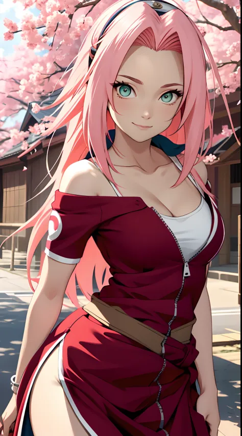 tmasterpiece， Best quality at best， 1girll，(open waist:1.5) ，Sakura Haruno， Large breasts，Off-the-shoulder attire，（cleavage)，（upperbody closeup)，Raised sexy，is shy，ssmile，with pink hair， long whitr hair， （Green eyeballs:1.4)， Forehead protection， the cherr...