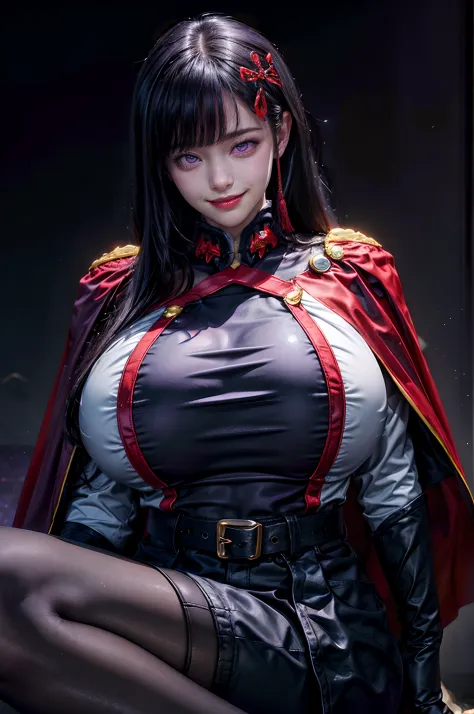 Ultra realistic illustration, yamashiro768, look at viewer, solo, 1girl, (purple eyes:1.5), pantyhose, black hair, gloves, cape, long hair, white gloves, black pantyhose, belt, red cape, boots, blue footwear, hair ornament, bangs, long sleeves, purple foot...