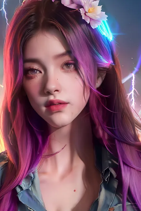 a beautiful brunette girl, long black hair develops in the wind, comes out of a purple portal, dressed in torn jeans and a shirt, an orchid flower lies next to her, against a pink sunset, magical fantasy sparks and lightning flicker over the girl, 8k, 4k, ...