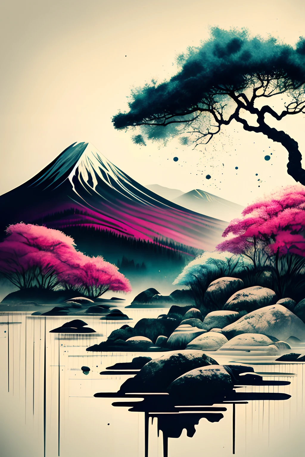 white backgrounid， scenecy， mont， Eau， the trees，Color ink，splash of color，