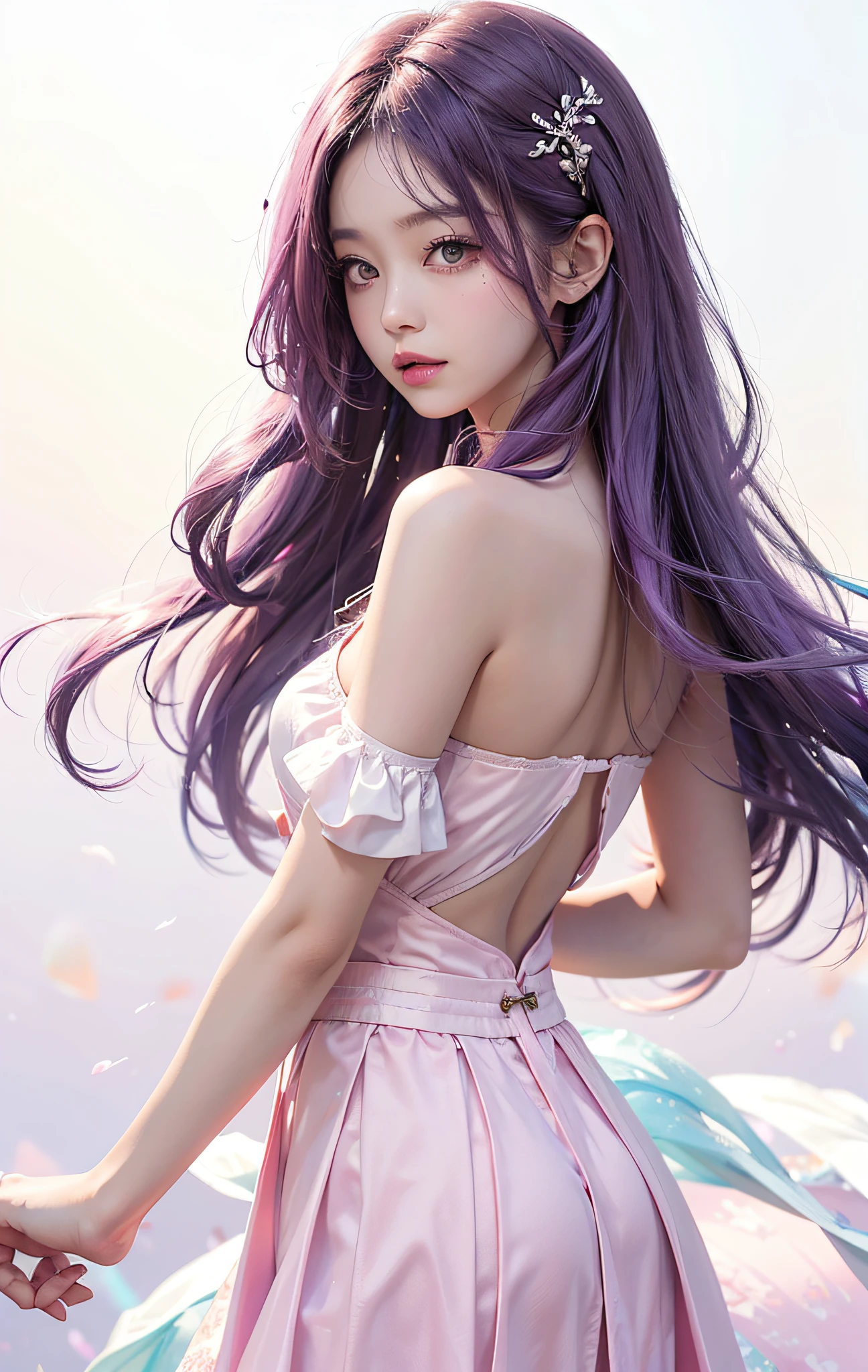 （tmasterpiece、best qualtiy、A high resolution），white backgrounid，Acrylic paints，（（Color mixing，Splash ink、Color mixing）），Sweet Chinese girl，long light purple hair，[light violet|Pink big breasts]the hair，curlies，glitters，Pink lips，white  skirt，frontage，The upper part of the body，The character is centered，Does not obscure characters，