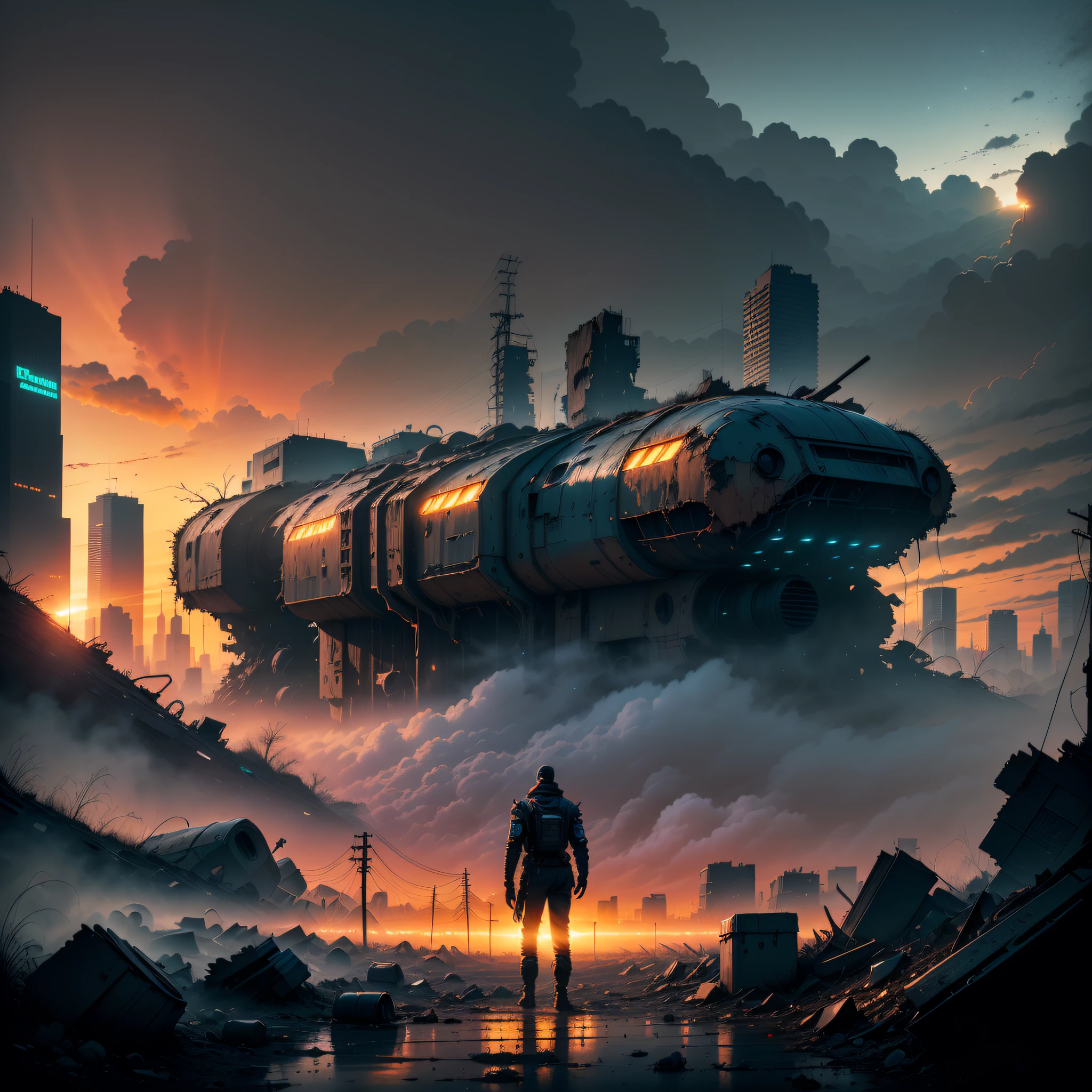 (wide view), wasteland, city ruins, (a man in front of ((huge mech wreckage)), dim light, streets, collapsed utility poles, scattered power lines, electric sparks, tattered future vehicles, garbage heaps, standing water in the big beach, rocks, dense weeds, dense dust smoke, ruined neon lights, heavy clouds, dusk, high quality, (super fine), (light detailed), detailed, accurate, 16k resolution, master works, (movie lights) , (cyberpunk style), dynamic perspective