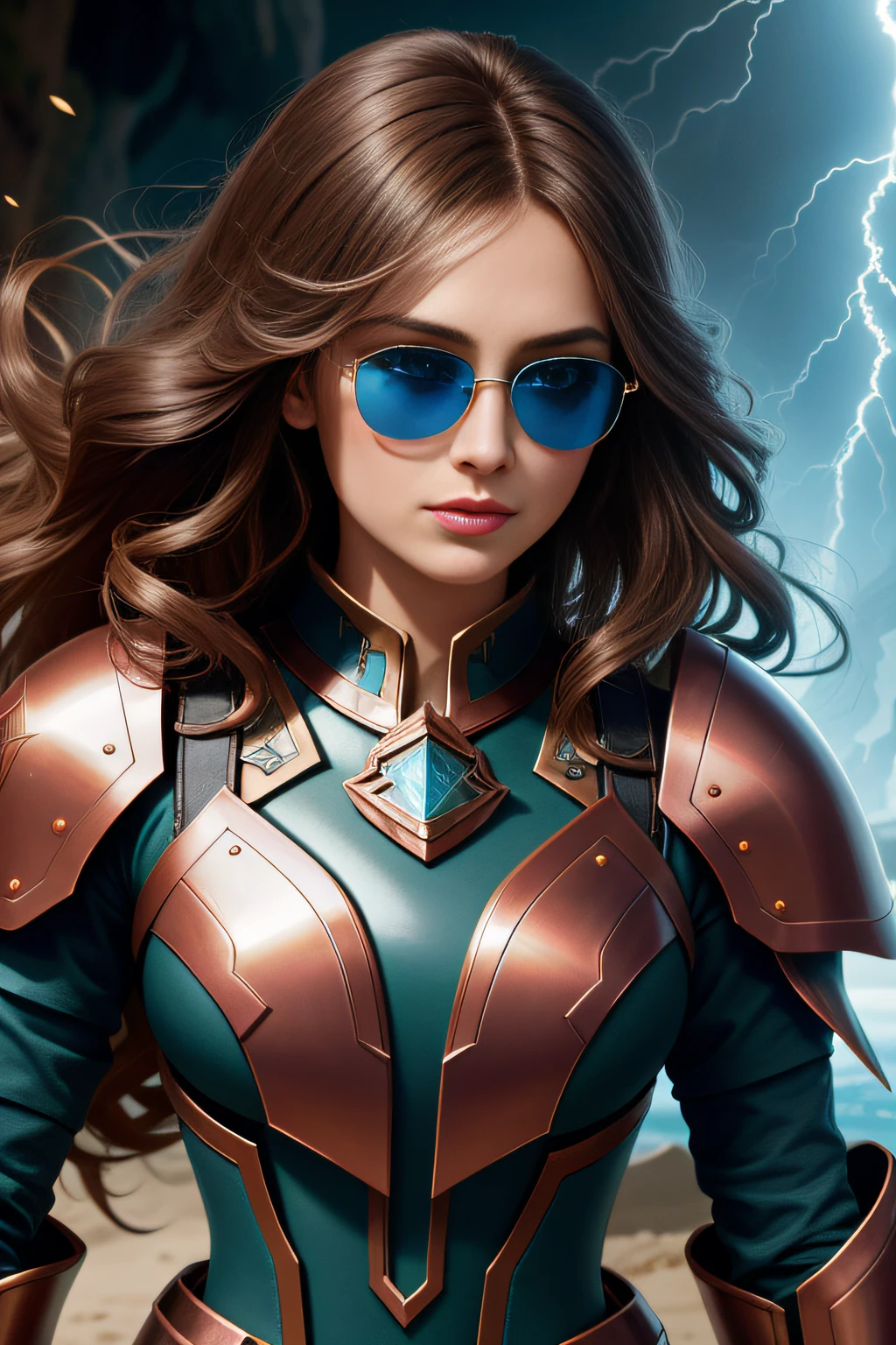 Elastic photos [Siren|sorceress woman] , Thunderball, A woman in armor wearing sunglasses,salama ,wearing edgThunderstruck_Armor, electrified, weilding thunder, Perfect face, Pretty face, Brown eyes, copper-haired, Big hair, Flat chest, lush detailing, absurderes,