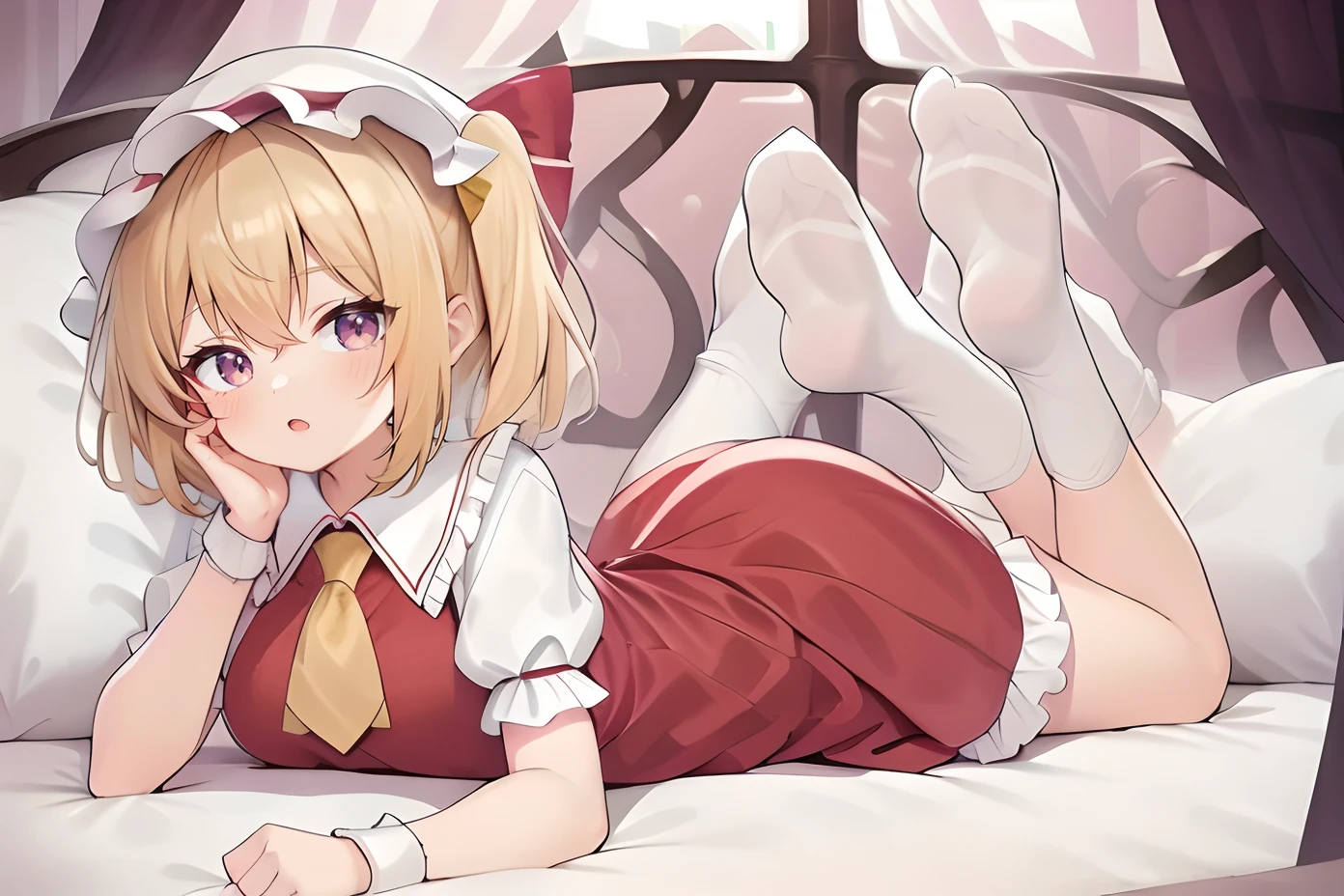 Anime girl lying on bed，Legs crossed, Splash art anime Loli, anime girl in a maid costume, anime cat girl in a maid costume, small curvaceous loli, anime visual of a cute girl, Maid outfit, cute anime waifu in a nice dress, loli in dress, anime barbie in white stockings, seductive anime girls, anime best girl, gorgeous maid