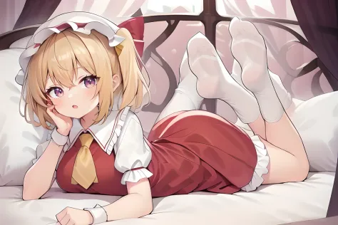 Anime girl lying on bed，Legs crossed, Splash art anime Loli, anime girl in a maid costume, anime cat girl in a maid costume, sma...