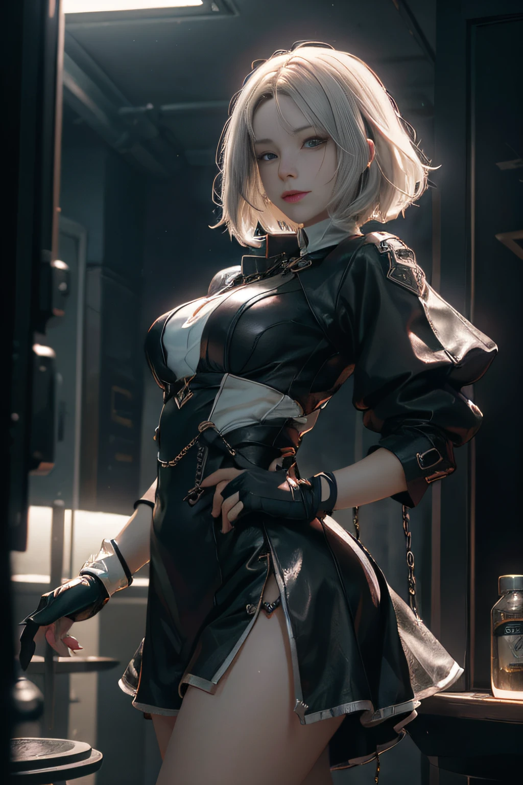 (Young Face),(Perfect eyes), (Perfect hands), (Perfect fingers), (neck-length short hair: 1.5), (Concise tight skirt: 1.3), Silver hair, Collar, (gloves: 1.2), (guns), chains, in the distant future, the line between science fiction and fantasy has disappeared,(Very detailed CG 8k wallpaper), (Extremely delicate and beautiful),Beautiful lighting, Realistic Shadows, [High resolution], detailed skins, Ultra Detail, nffsw (High dynamic range), Ray tracing, NVIDIA RTX, Hyper-Resolution, Unreal 5, Subsurface scattering, PBR Textures, Post-processing, Anisotropy Filtering, depth of fields, Maximum sharpness and sharpness, Multilayer Texture, Albedo and Highlight Mapping, Surface Shading, Accurate simulation of light-material interactions, Perfect proportions, Octane Render, bi-color light, Large aperture, Low ISO, White Balance, thirds rule, ,Dutch Angle,Good anatomy),Dynamic Pose, actionpose, open pose, (dark brown eyes),with strobe light、Dramatic shadows and highlights、Create images with a sense of depth and three-dimensionality,1 Female Gothic、Tangles、ornate,