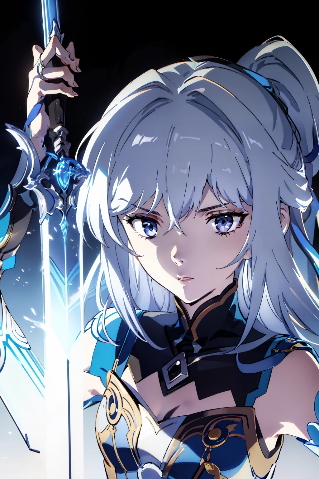 Female, 18 years old, bright blue eyes, cool gaze, Detailed face, silver hair, short, pale skin, white and brown adventurer outfit, Crystal sword on waist, white background, front camera