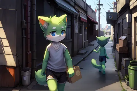 neko13, masterpiece, high quality,solo, furry boy, cub, youthful, immature, green fur, bulge, hand, blue eyes, shorts, walking down an alley, exploration, curious, exploring, package, trash cans, glowing eyes