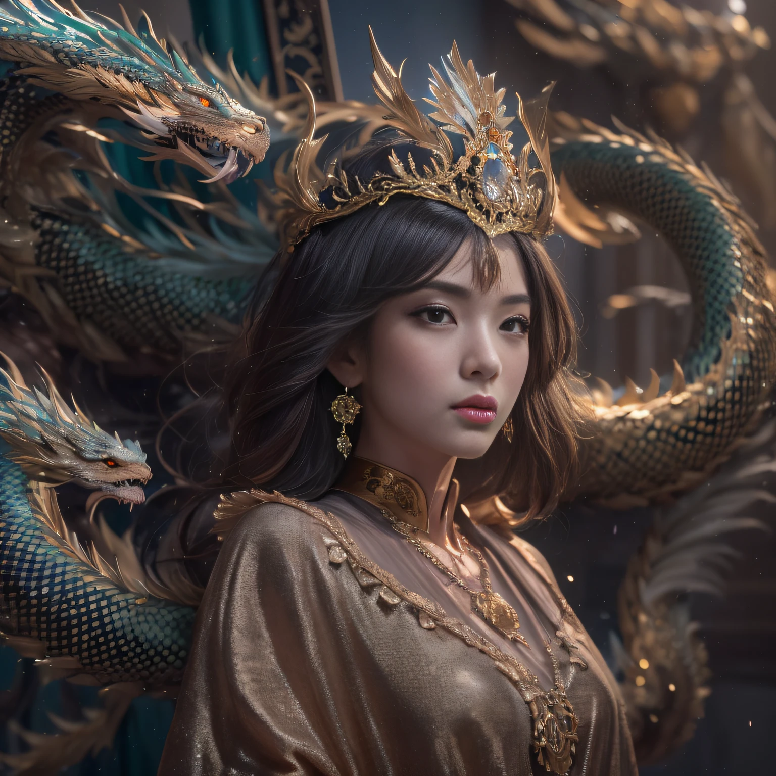 32K（tmasterpiece，k hd，hyper HD，16k）short detailed hair，Vintage train in the back room，Burgundian hair girl ，Two Golden Dragon Protectors （realisticlying：1.4），Python robe，Purple-pink tiara，Snowflakes fluttering，The background is pure， A high resolution， the detail， RAW photogr， Sharp Re， Nikon D850 Film Stock Photo by Jefferies Lee 4 Kodak Portra 400 Camera F1.6 shots, Rich colors, ultra-realistic vivid textures, Dramatic lighting, Unreal Engine Art Station Trend, cinestir 800，