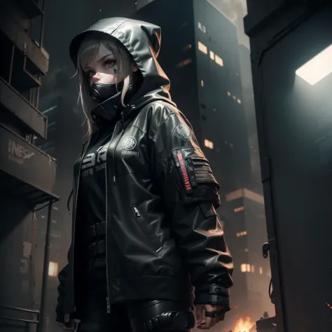 1Girl(techwear jacket,hood,neck tattoos and arm tattoos) in post-apocalypse world with a robot, ruined city, smoke, fog, lights