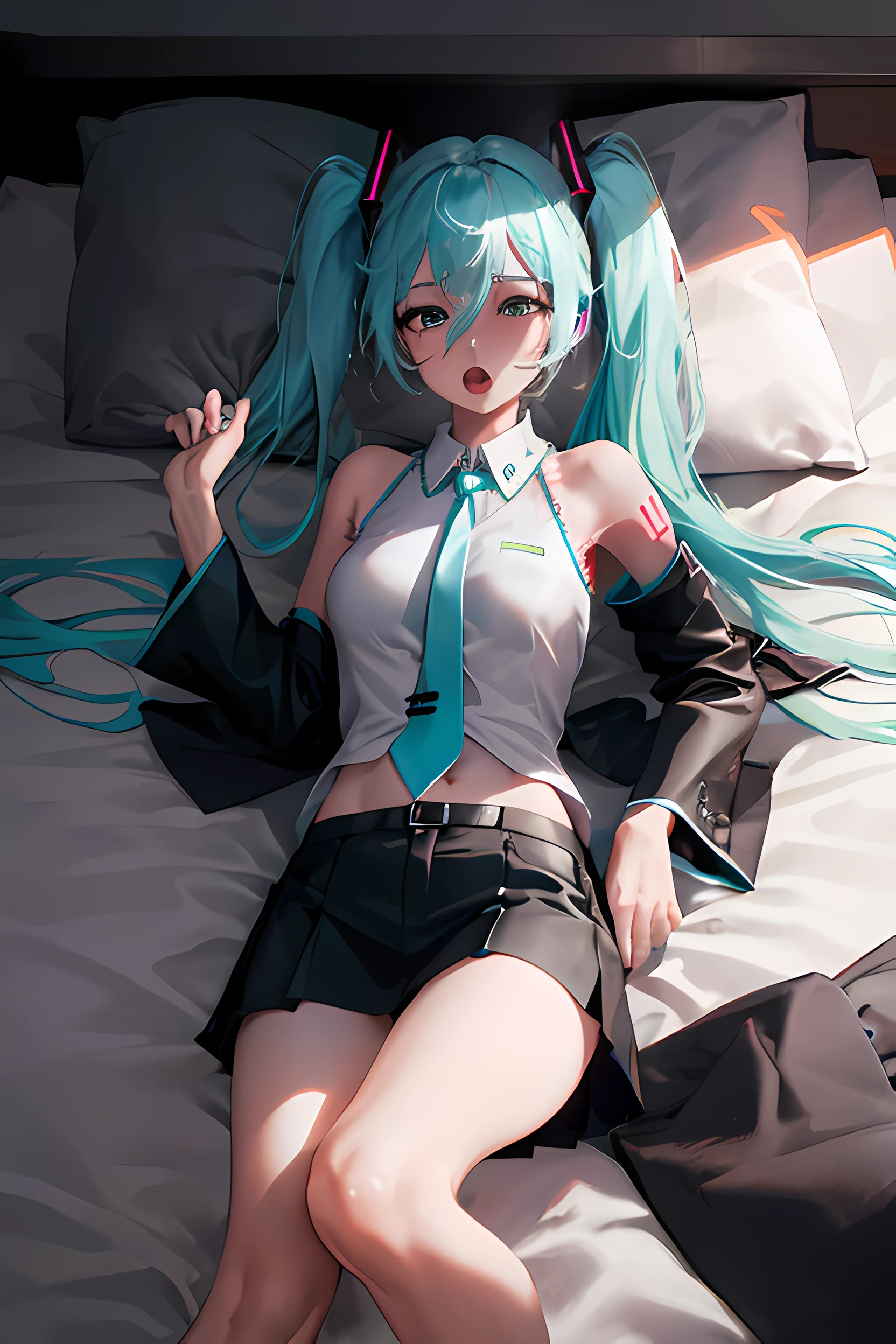 best_Quality, reality, hd 4k, Ahegao, Hatsune Miku, sexy, Grey shirt, blue tie, black skirt, black stockings, big thighs, lying in bed, sexy pose, missionary, open legs, Bed Pose , evening, dark