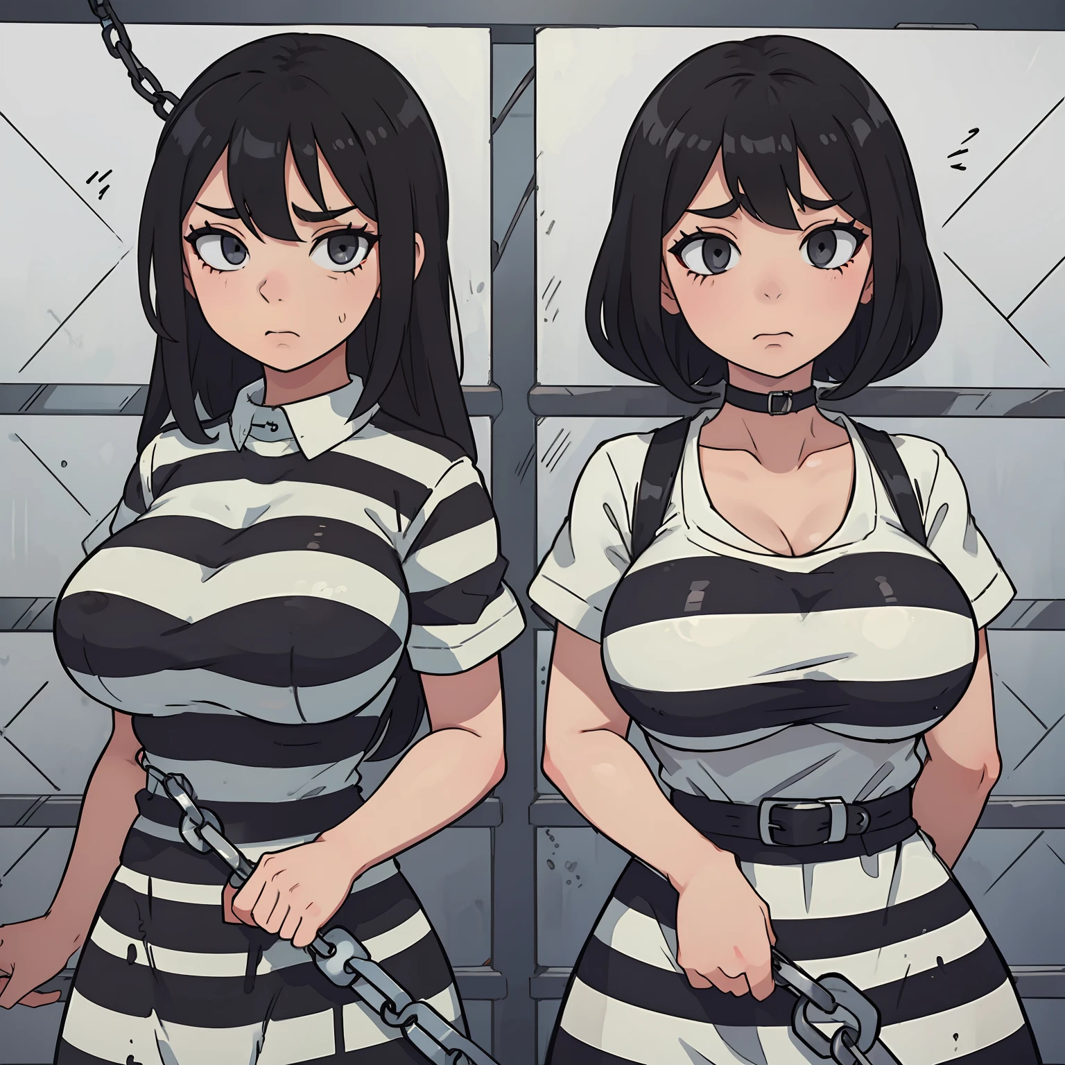 Two Women In Striped Dresses Are Holding Chains In Front Of A Jail Cell