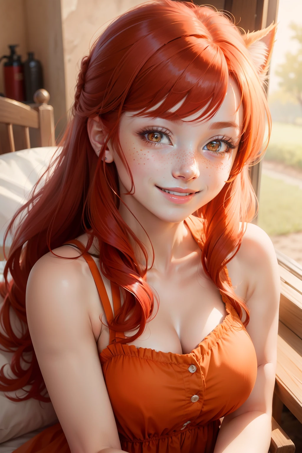 Apple Bloom, solo, red hair, long hair, orange eyes, freckles, adorable, smile, looking at viewer, masterpiece, best quality, high quality