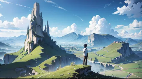 anime scene of a man standing under a tree in a meadow in fantasy world while seeing a village in foothills of mountain in far a...
