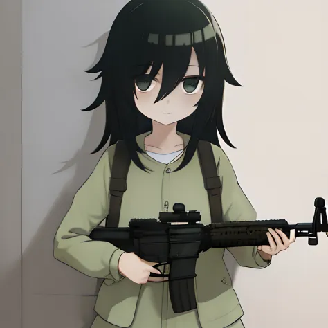 obra maestra, detallado, tomoko-kuroki, casco de camuflaje, chica, sosteniendo un rifle, ojos verdes, cabello negro, explosiones...