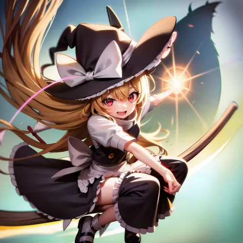 photo of a girl dressed as a witch with a stick, 1girl in, mixed race of rei hakurei and marisa kirisa, hat, solo, blonde hair, ...