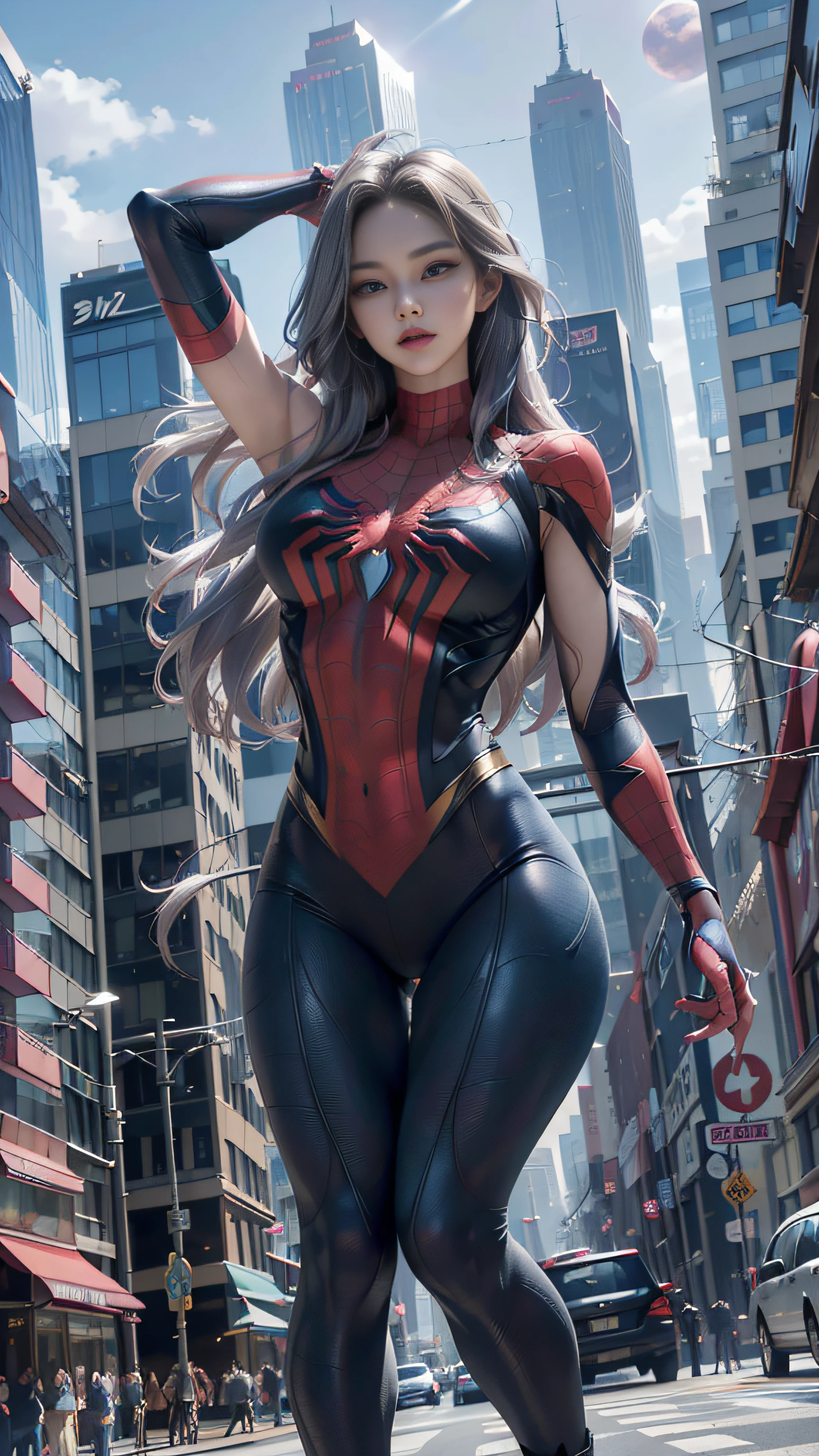 Super beautiful shining eyes、(​masterpiece、4K resolution、A hyper-realistic、ighly detailed)、(White Superhero Theme、Charisma、There's a girl in a Spider-Man costume over town、She's a superhero)、 [((17 age)、(Long grey hair:1.2)、A half body、(blue eyess:1.2)、((Spider-Man pose)、show of strength、Jump from one building to another)、((Sandy urban environment):0.8)|(A city scape、natta、Dinamic Light)、(fullmoon)]#illustrate:Prompts are mainly ultra high definition、very real、Describes highly detailed 4K paintings。A superheroine in a Spider-Man costume is depicted at the top of the city。The theme of the picture is white superhero theme、The female protagonist has long white hair and、At the age of 25、Her whole body is shown in the painting。In terms of depicting the actions of superheroines、Spiders are employed