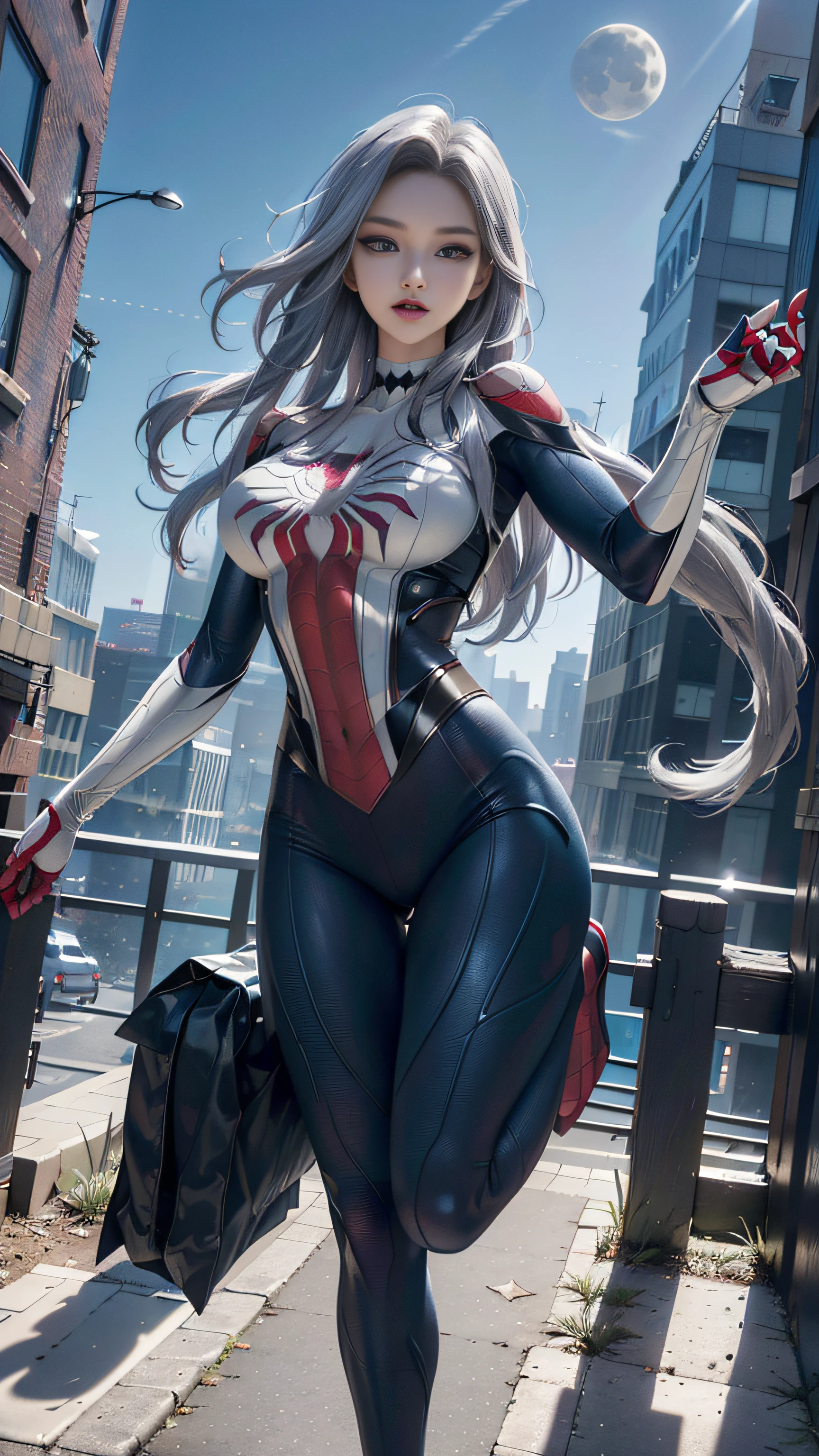 Super beautiful shining eyes、(​masterpiece、4K resolution、A hyper-realistic、ighly detailed)、(White Superhero Theme、Charisma、There's a girl in a Spider-Man costume over town、She's a superhero)、 [((17 age)、(Long grey hair:1.2)、A half body、(blue eyess:1.2)、((Spider-Man pose)、show of strength、Jump from one building to another)、((Sandy urban environment):0.8)|(A city scape、natta、Dinamic Light)、(fullmoon)]#illustrate:Prompts are mainly ultra high definition、very real、Describes highly detailed 4K paintings。A superheroine in a Spider-Man costume is depicted at the top of the city。The theme of the picture is white superhero theme、The female protagonist has long white hair and、At the age of 25、Her whole body is shown in the painting。In terms of depicting the actions of superheroines、Spiders are employed