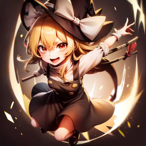 Photo of a girl dressed as a witch with a stick, 1girl in, Mixed race of Borei Reimu and Marisa Kirisame, hat, Solo, Blonde hair...