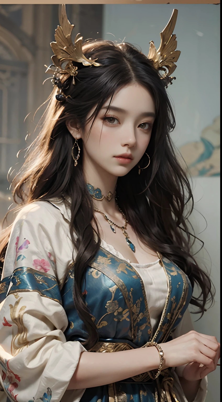 High quality, Masterpiece, Masterpiece, Traits du visage exquis, cheveux exquis, Des yeux exquis, cheveux de couleur exquise, 4K image quality, Beautiful light and shadow, Effet Tyndall, halo, messy hair, Young state, Beautiful scene, Exquisite clothing, chains, Plume, Ancient Chinese beauty with big, highly detailed eyes, digital painting, ArtStation, Art conceptuel, mise au point nette, illustration, Dessins de Greg Rutkowski et Alphonse Mucha et Victo Ngai