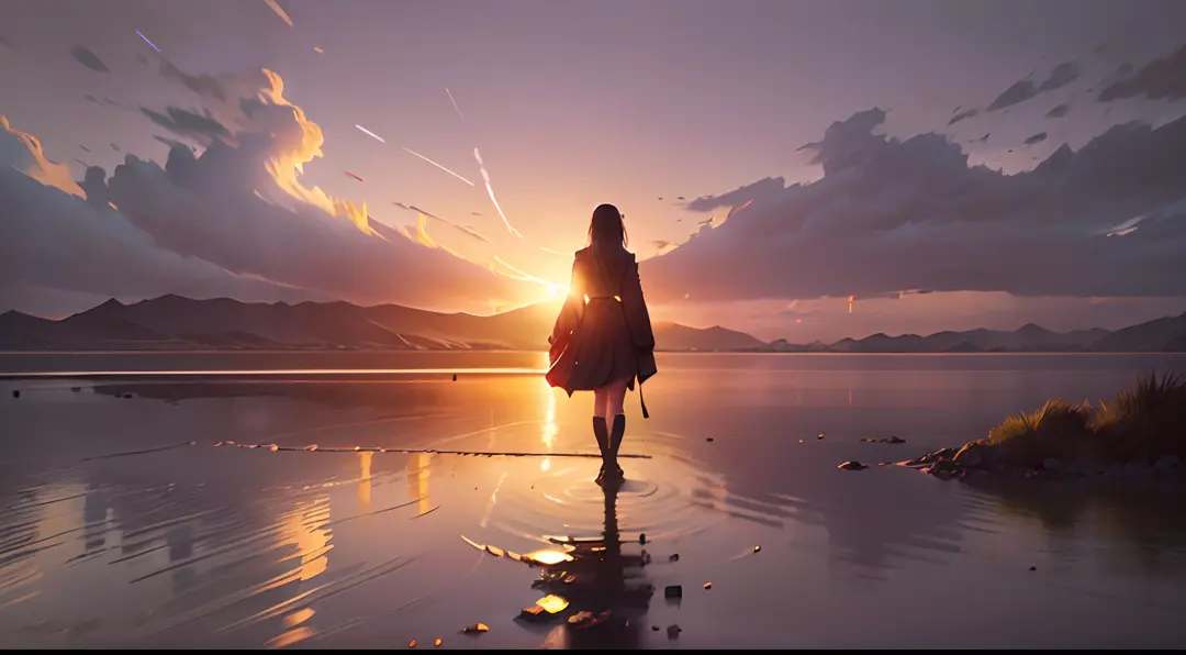 A commanding: ``/create prompt:Girl standing on a hill at sunset , Dawn of water body with sea background, video art, matte pain...