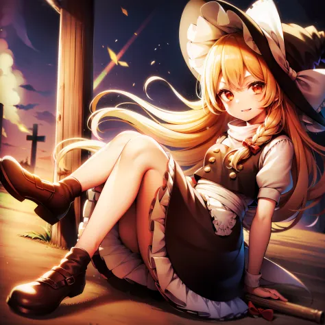 Photo of a girl dressed as a witch with a stick, 1girl in, Mixed race of Borei Reimu and Marisa Kirisame, hat, Solo, Blonde hair...