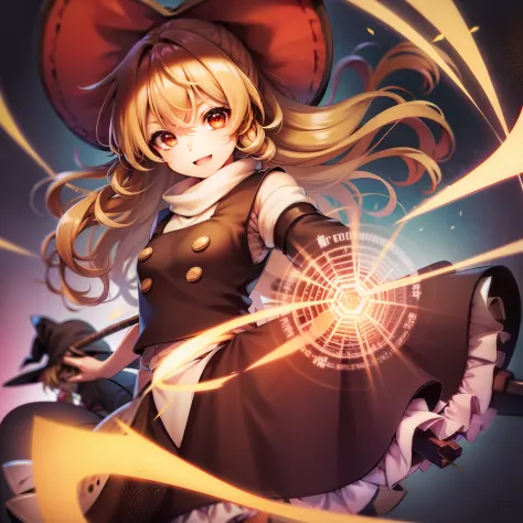 Photo of a girl dressed as a witch with a stick, 1girl in, Mixed race of Borei Reimu and Marisa Kirisame, hat, Solo, Blonde hair...